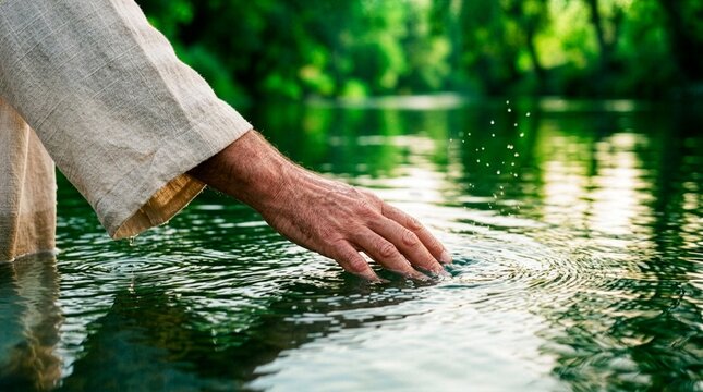 Close up of a mature man hand in a textured linen robe dipping fingers into river water creating ripples and fine splashes symbolizing baptism healing divine grace and Christian faith