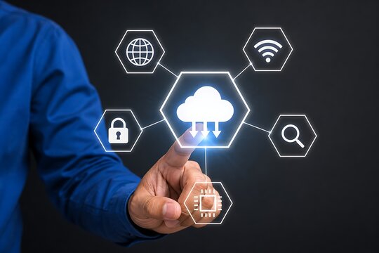 Businessman touching a glowing digital cloud computing interface with various network icons