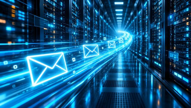 Digital email envelope icons flying fast through a futuristic server room with blue light streaks, data transfer concept