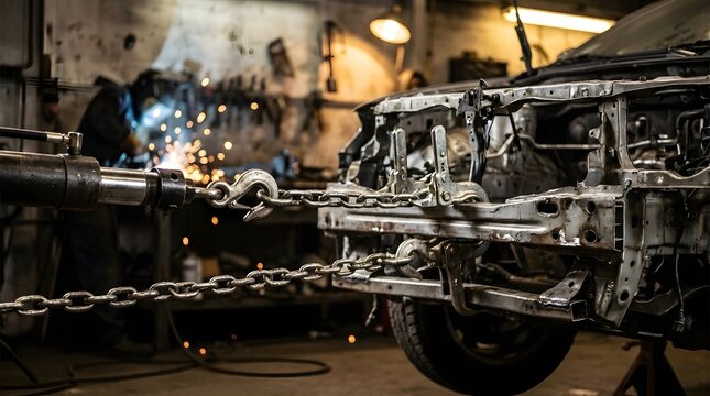 Hydraulic puller machine with heavy steel chains straightening a damaged car chassis in a professional auto body repair shop with a worker welding in the blurred background of the garage.