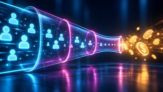 Glowing digital sales funnel transforming user icons into gold dollar coins, marketing conversion and lead generation concept