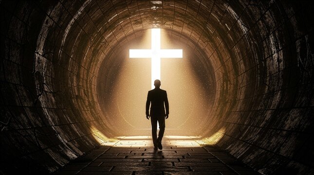 Man in a suit walking through a dark grunge circular tunnel toward a massive glowing cross in divine golden light representing salvation hope redemption and deep Christian faith