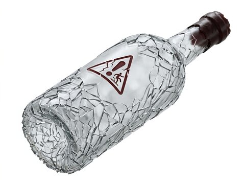 Broken clear glass bottle with caution wet floor sign lying isolated on white background with sharp edges
