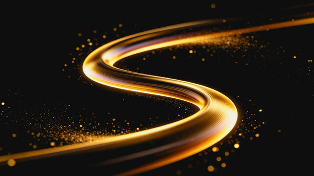 A luminous golden S-shaped curved stream with scattered sparkling particles against a dark background, forming an elegant abstract design.