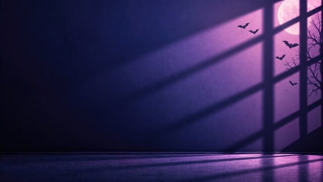 A dark purple room interior with moonlight streaming through a window creating long shadows and silhouettes of flying bats at night time
