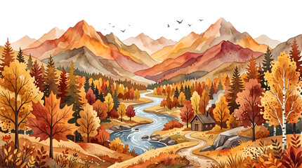 Obraz premium Vibrant autumn mountain landscape with winding river and forest