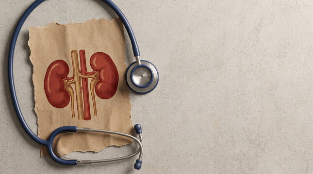 Vintage kidney anatomy drawing on torn paper with stethoscope