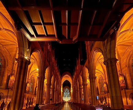 interior of St. Marry&rsquo;a Cathedral with gothic architecture and warm lighting in Sydney, Australia 