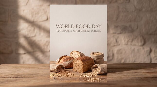 Fresh artisan bread and grains on a rustic wooden table with copy space