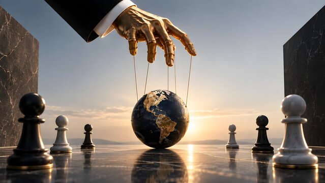 Global Power and World Control Concept with Puppet Hand and Chess