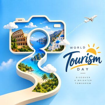 World tourism day conceptual photography theme with camera aperture framing scenic seaside destination coastal landscape travel photography tourism promotion
