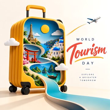 World tourism day conceptual design featuring travel landmarks inside a yellow suitcase landmark travel journey planning holiday adventure travel baggage