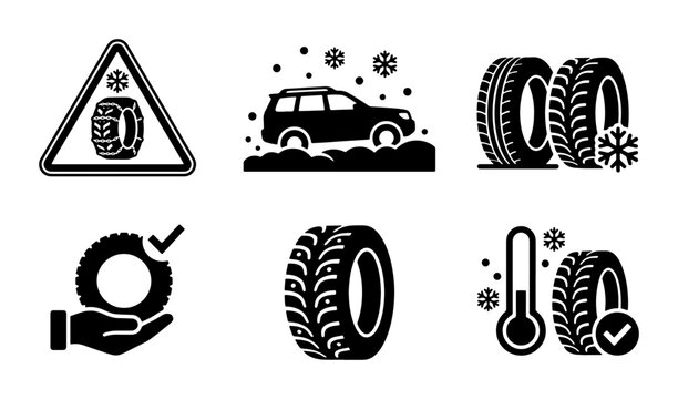 Winter Tire Icons Set, Snow Driving Safety, Automotive Season Change, Vehicle Traction Control