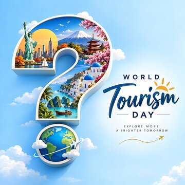 World tourism day question mark sign with global attractions and planet earth vacation destination holiday travel world landmarks travel inspiration