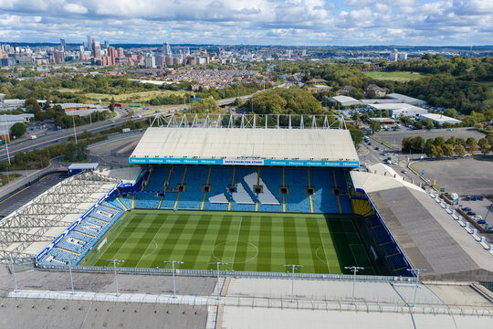 Aerial View of Elland Road Stadium Football Pitch and Jack Charlton Stand Leeds