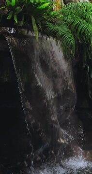 Small Waterfall Cascading over Dark Rock with Lush Green Ferns Close-U