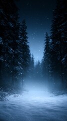 Obraz premium Nighttime snowy forest with tall pine trees