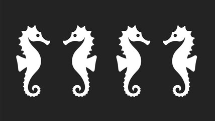 Four white seahorse silhouettes arranged in a row facing different directions on a dark grey background © MDMasud