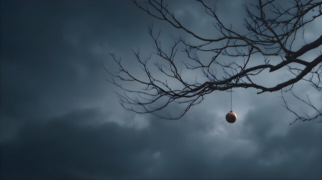 Eclipse partially obscured behind bare tree branches against stormy sky with partially covered during branches under cloudy