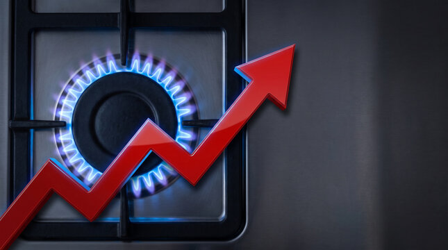 Red rising arrow over blue gas stove flame for gas price increase