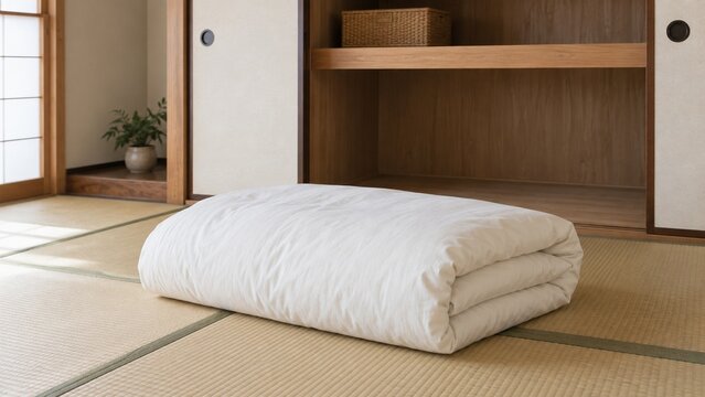 押入れ前に畳んだ無地カバーの冬用掛け布団