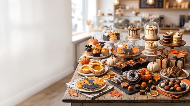 Assorted halloween themed pastries and desserts arranged on a rustic wooden table in a bakery