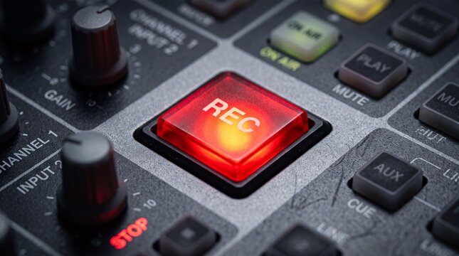 Glowing red record button on audio mixing console with control knobs, representing live radio broadcasting, podcast studio production and digital sound engineering technology.