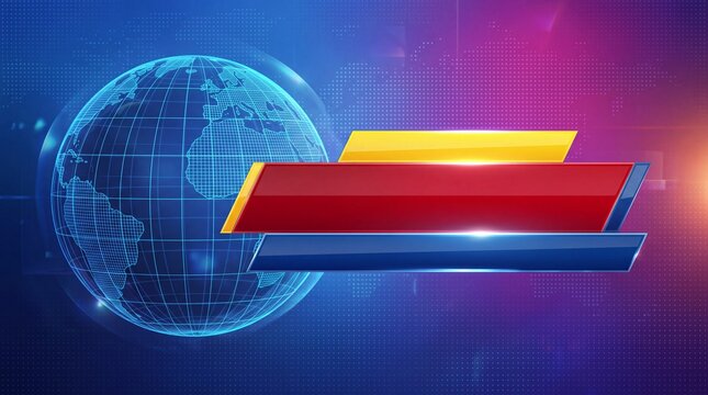Digital globe with blank lower third graphic bar, representing television broadcast journalism, international headline reporting and global information network.