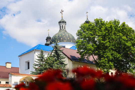 View of old city church through colorful flowerbed with blooming flowers, historic architecture, urban garden landscape, scenic background.