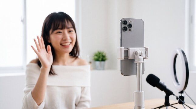 Smiling asian woman waving at mobile phone camera on desk tripod stand. Cheerful vlogger recording live video broadcast with microphone and ring light in bright apartment.