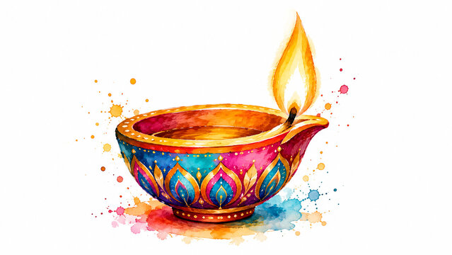 Beautiful colorful watercolor painting of a lit decorative diya with bright paint splatters isolated on a white background for Diwali festival