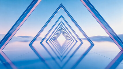 Obraz premium A symmetrical diamond-shaped tunnel structure set against a soft gradient sky and misty desert landscape, creating a serene abstract visual scene.