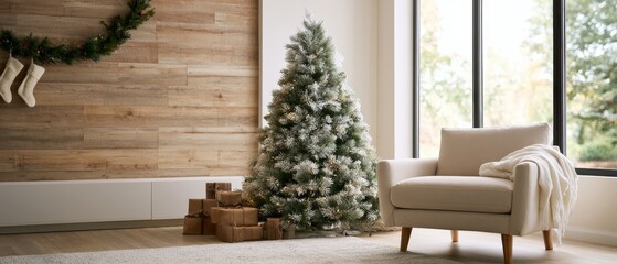 Fototapeta premium Snowy Christmas tree in modern living room