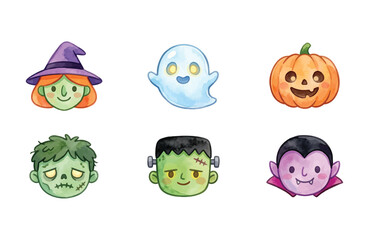 Fototapeta premium Watercolor Halloween Character Icon Set with Witch Ghost Pumpkin Zombie Frankenstein and Vampire Head Isolated on White Background