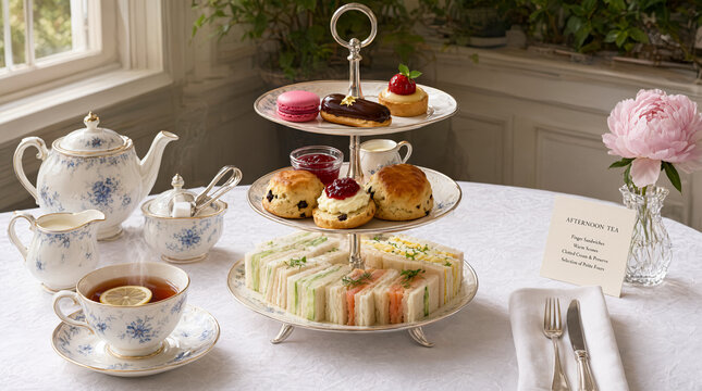Elegant afternoon tea setup with finger sandwiches, scones, and pastries on tiered stand