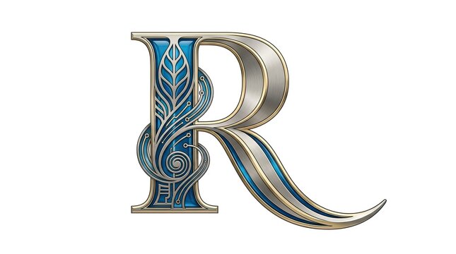 Elegant Letter R Font Design, Ornate Metallic Alphabet, Blue and Gold Decorative Typography