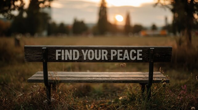 Wooden park bench at sunset with engraved text find your peace for mental wellness