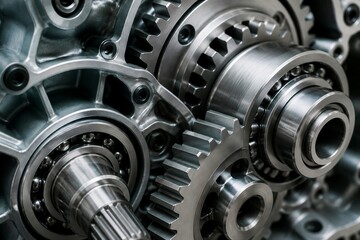 Fototapeta premium Mechanical gears interlocking inside industrial gearbox