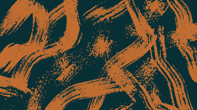 Abstract orange paint brush strokes on dark green textured background for modern artistic design