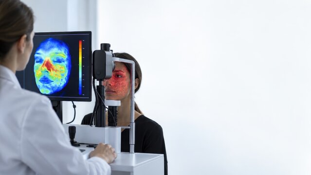 Doctor examining patient&rsquo;s facial skin condition using advanced digital imaging and thermal scan technology