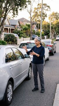 Senior Indian Woman Explaining Parallel Parking Technique Outdoors