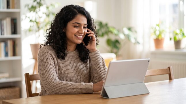 Young woman talking on phone and using tablet at home office desk.