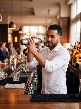 Young professional bartender shaking metal cocktail shaker