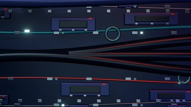 Seamless cinematic loop of cyan optical packets splitting and recombining through indigo silicon waveguides.
