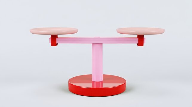 3d graphic scale in equilibrium with balanced pink and red plates on red base for visual balance illustration