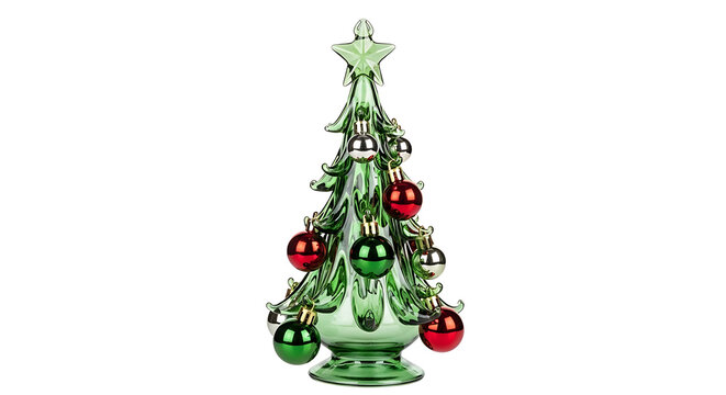 Glass Christmas tree figurine with colorful ornaments isolated on white background