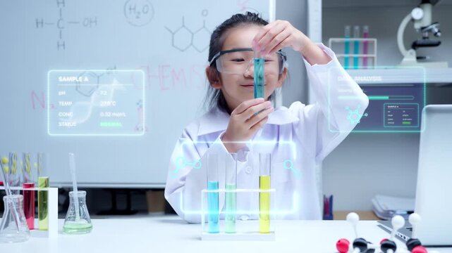 Young asian student scientist performing biotechnology experiment in modern laboratory with digital holographic data interface for scientific research and educational technology advancement