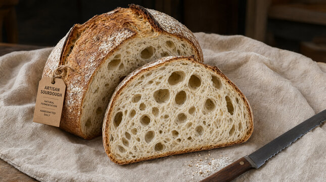 Rustic loaf of sourdough bread cut open showing airy holes, on linen cloth