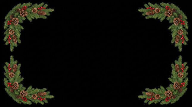 Christmas frame on black background with fir branches, pine cones, holly berries and gold baubles in four corners, christmas arrangement black background with copy space, pine cone border