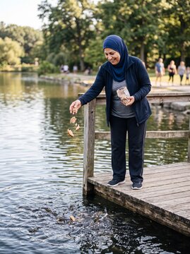 Woman tossing pieces of bread to school of fish